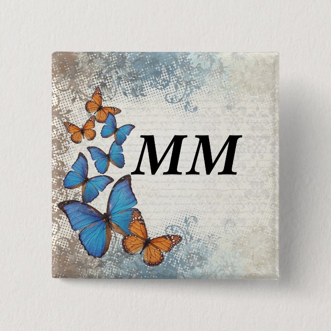 Blue floral butterflies 2 inch square button (Front)