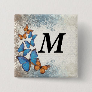 Blue floral butterflies 2 inch square button