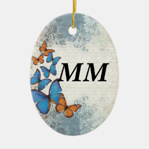 Blue floral butterflies ceramic ornament