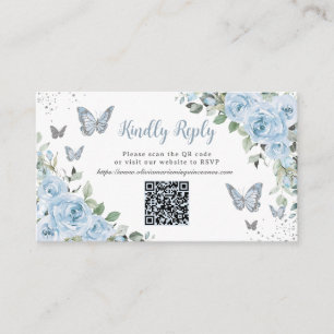 Blue Floral Butterflies Quinceañera QR Code RSVP Enclosure Card