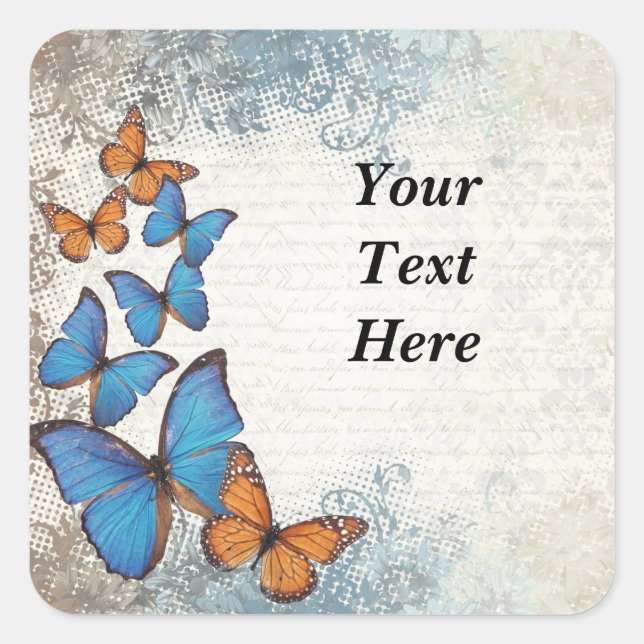Blue floral butterflies square sticker (Front)