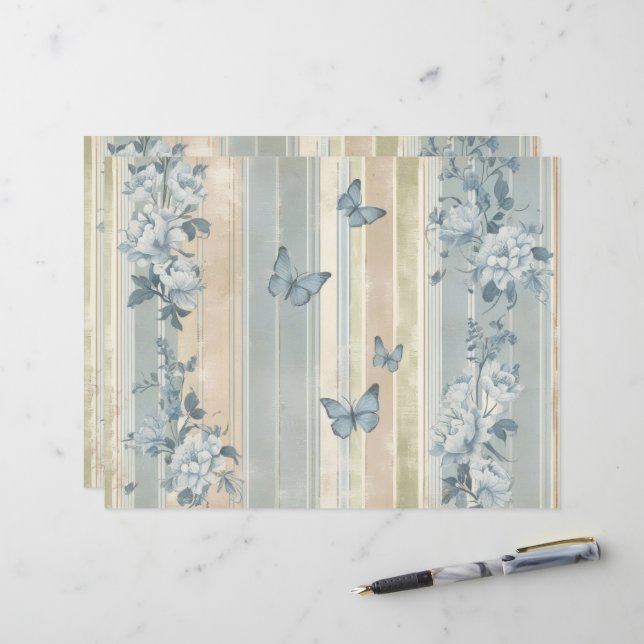 Blue Floral Butterflies Vintage Scrapbook paper (Front/Back In Situ)
