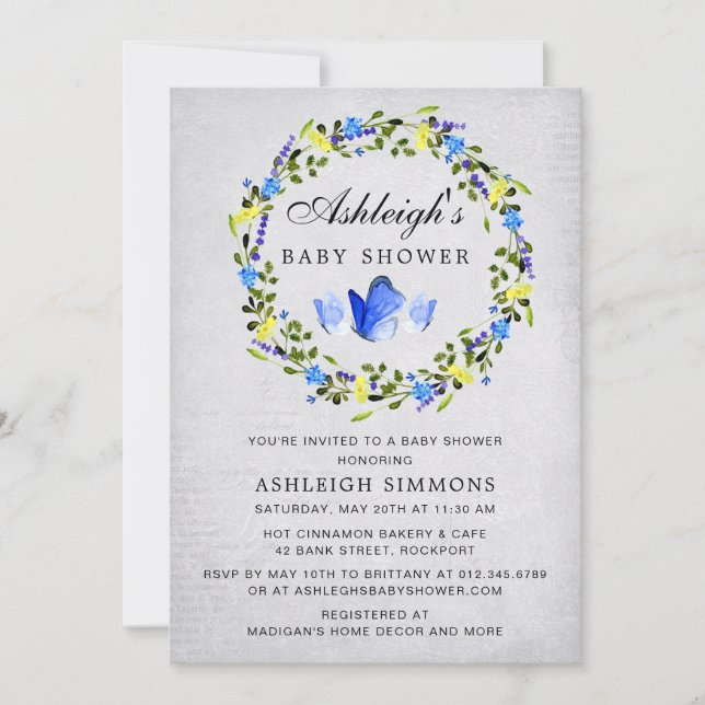 Blue Floral Butterfly Boy Baby Shower Invitation (Front)
