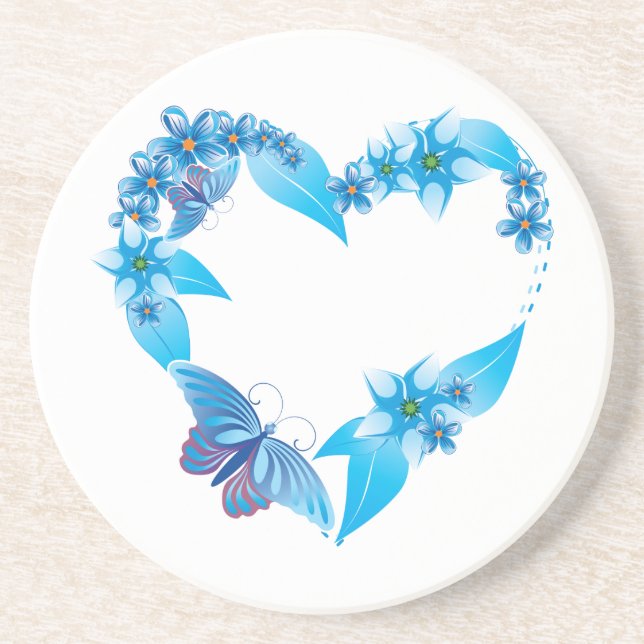 Blue Floral Butterfly Heart Coaster (Front)