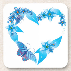 Blue Floral Butterfly Heart Coaster