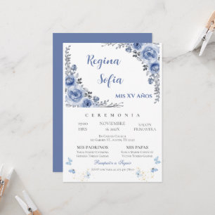 Blue Floral Butterfly Quinceanera Invitation