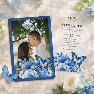 Blue Floral Butterfly Wedding  Invitation