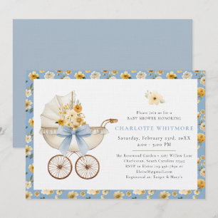 Blue Floral Carriage Baby Shower  Invitation