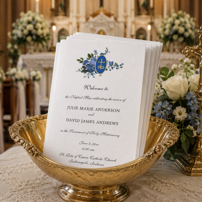 Blue Floral Catholic Latin Mass Wedding Program (Creator Uploaded)