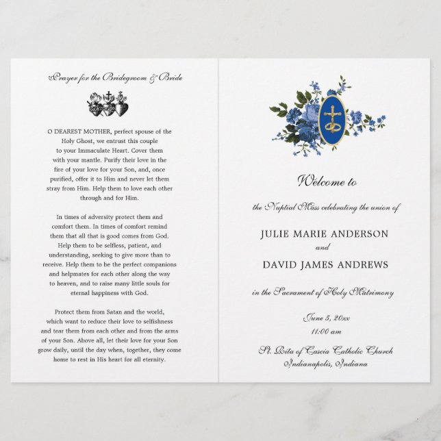 Blue Floral Catholic Latin Mass Wedding Program (Front)