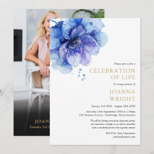 Blue Floral Celebration Of Life Funeral Photo Invitation