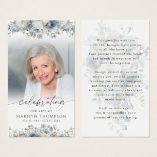 Blue Floral Celebration of Life Photo Prayer Card