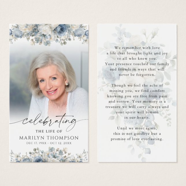 Blue Floral Celebration of Life Photo Prayer Card (Front & Back)
