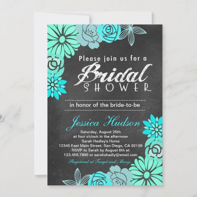 Blue floral chalkboard bridal shower invitation (Front)