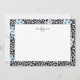 Blue Floral Cheetah Print w/Custom Monogram & Name Thank You Card