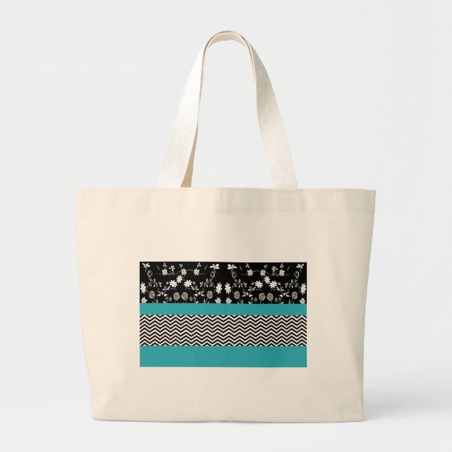 blue floral chevron large tote bag (Front)
