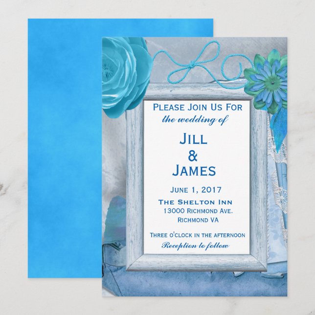 Blue Floral Chic Faire-part de mariage (Devant / Derrière)