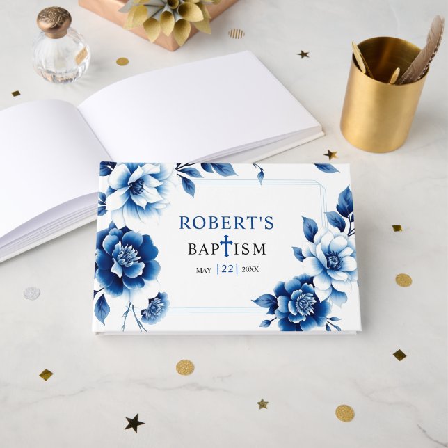 Blue floral Chinoiserie and triple border Baptism Guest Book (Front Open)