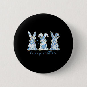 Blue Floral Chinoiserie Happy Easter Three Bunny C 2 Inch Round Button