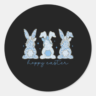 Blue Floral Chinoiserie Happy Easter Three Bunny C Classic Round Sticker