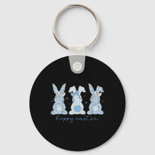 Blue Floral Chinoiserie Happy Easter Three Bunny C Keychain