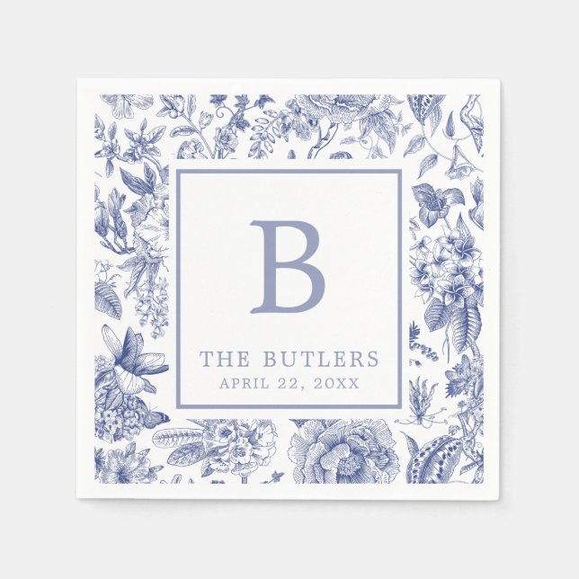 Blue Floral Chinoiserie Initial Wedding Napkins (Front)