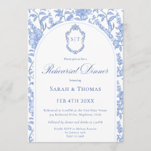 Blue Floral Chinoiserie Monogram Rehearsal Dinner Invitation