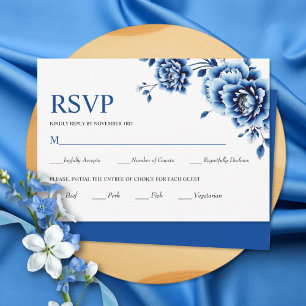 Blue floral Chinoiserie peony flowers wedding RSVP Card