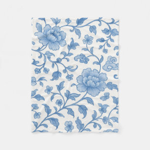 Blue Floral Chinoiserie Peony Pattern Fleece Blank Blanket