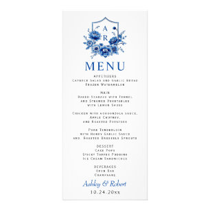 Blue floral Chinoiserie peony wedding menu card