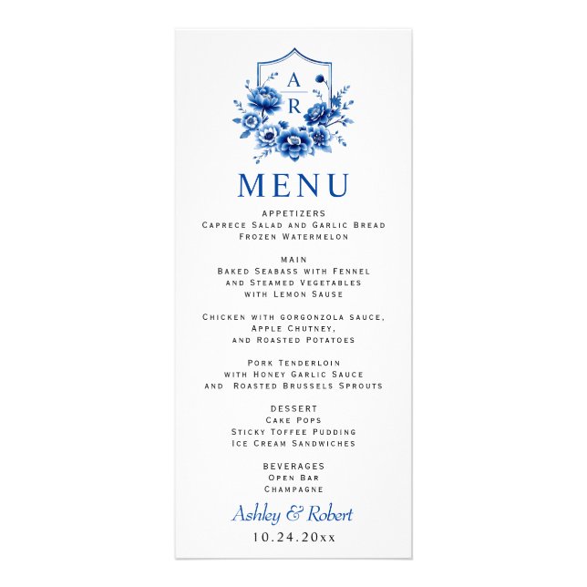 Blue floral Chinoiserie peony wedding menu card (Front)