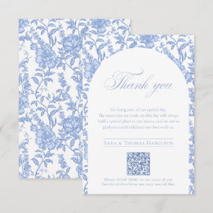 Blue Floral Chinoiserie QR-code to Wedding Photos Thank You Card
