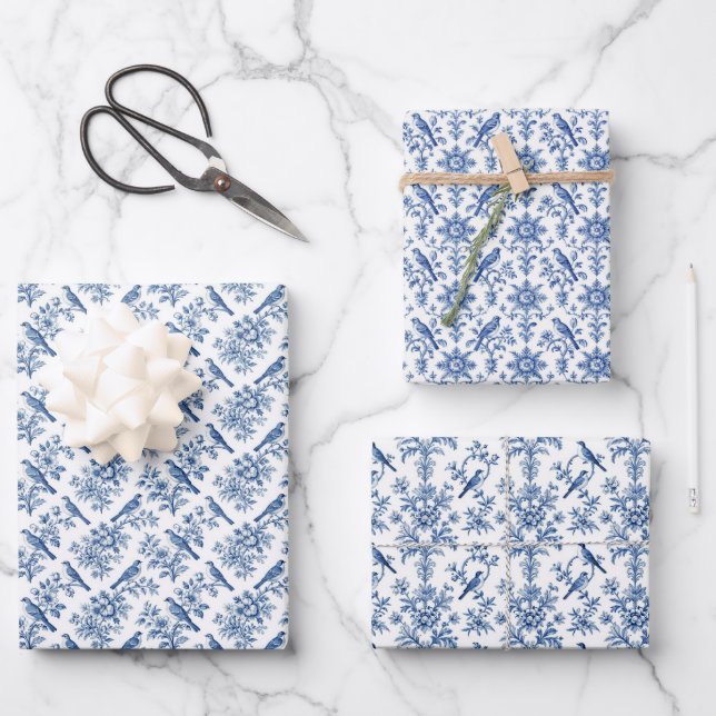 Blue Floral Chinoiserie Sheet Gift Wrap Set of 3 (Front)