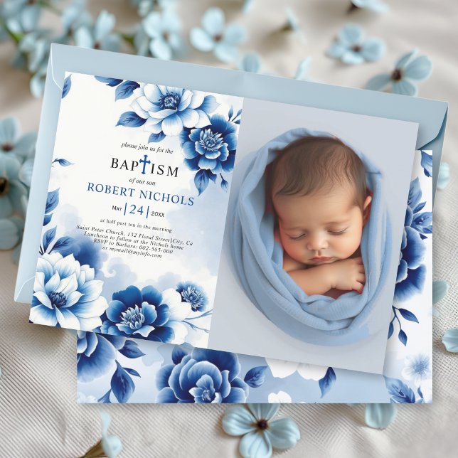 Blue floral Chinoiserie, watercolor Baptism photo Invitation (Creator Uploaded)