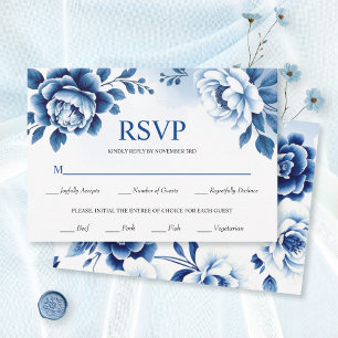 Blue floral Chinoiserie, watercolor wash wedding RSVP Card
