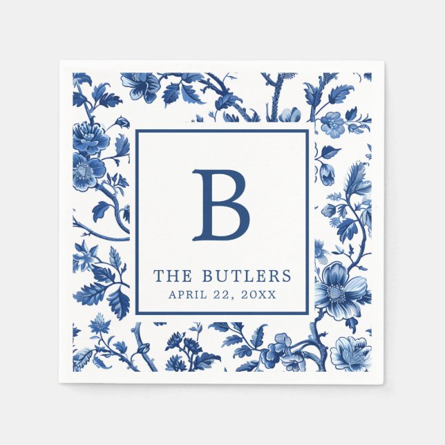 Blue Floral Chinoiserie Wedding Cocktail Napkins (Front)