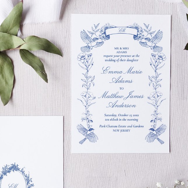 Blue Floral Chinoiserie Wedding Invitation (Blue toile chinoiserie wedding invitation with birds and flowers in victorian frame)