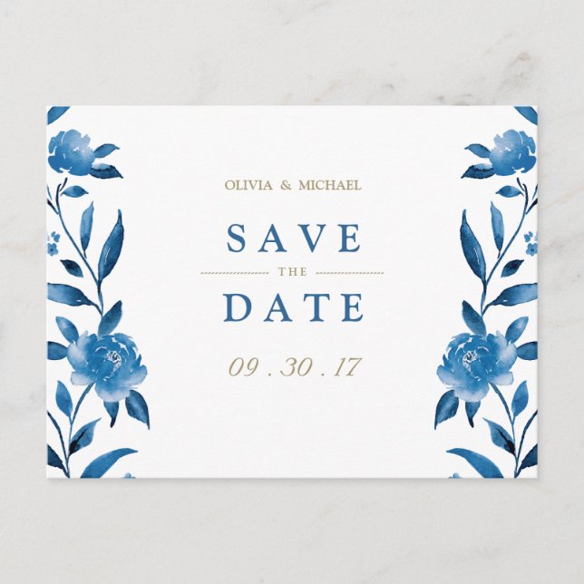 Blue floral Chinoiserie Wedding save the date Announcement Postcard (Front)