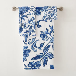Blue Floral Chinoiserie White Watercolor Bath Towel Set