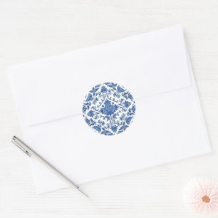 Blue Floral Chinoiserie White Watercolor Classic Round Sticker