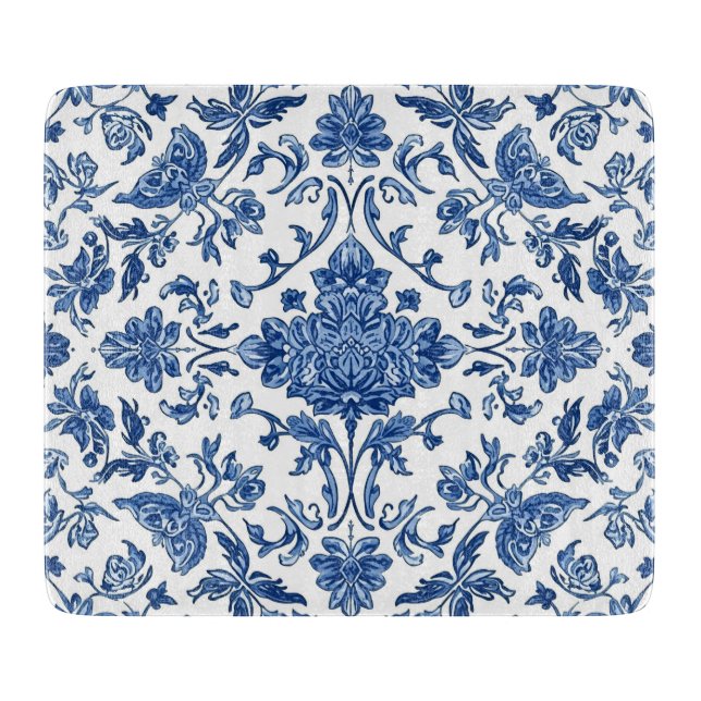 Blue Floral Chinoiserie White Watercolor Cutting Board (Front)