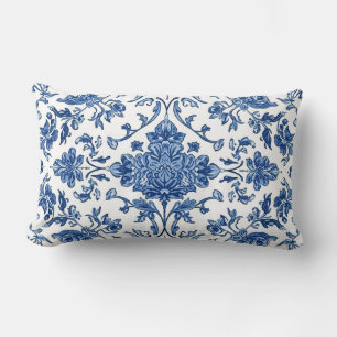 Blue Floral Chinoiserie White Watercolor Lumbar Pillow