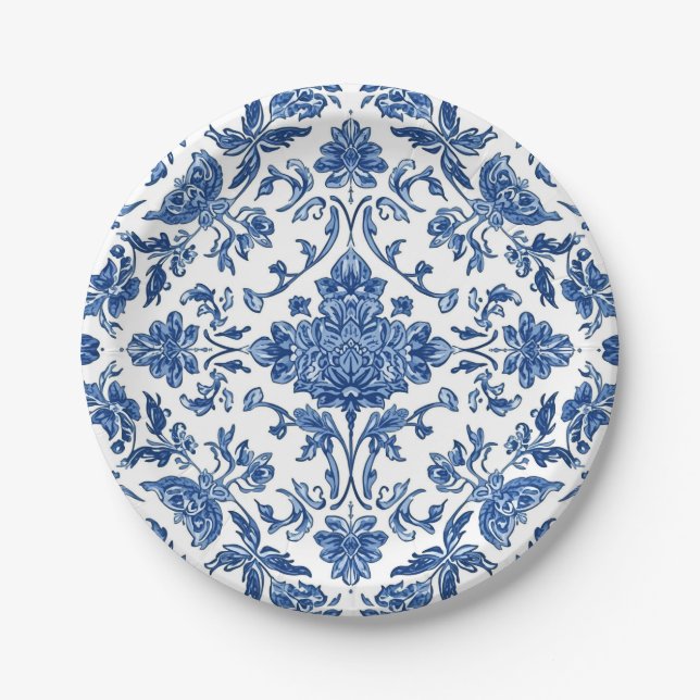 Blue Floral Chinoiserie White Watercolor Paper Plate (Front)