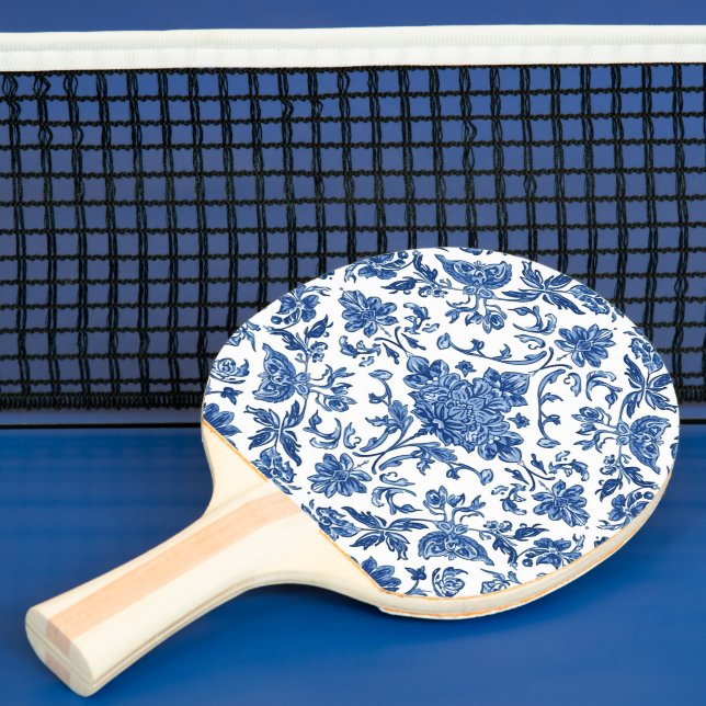 Blue Floral Chinoiserie White Watercolor Ping Pong Paddle (Insitu)