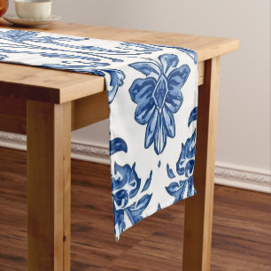 Blue Floral Chinoiserie White Watercolor Short Table Runner