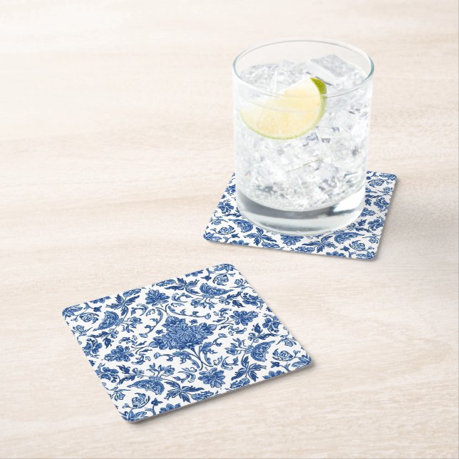 Blue Floral Chinoiserie White Watercolor Square Paper Coaster (Insitu)