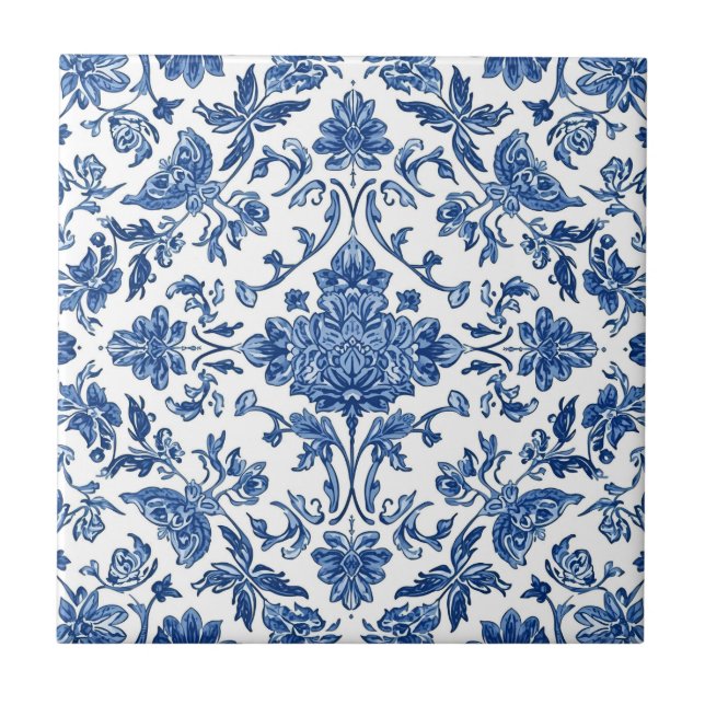 Blue Floral Chinoiserie White Watercolor Tile (Front)