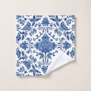 Blue Floral Chinoiserie White Watercolor Wash Cloth