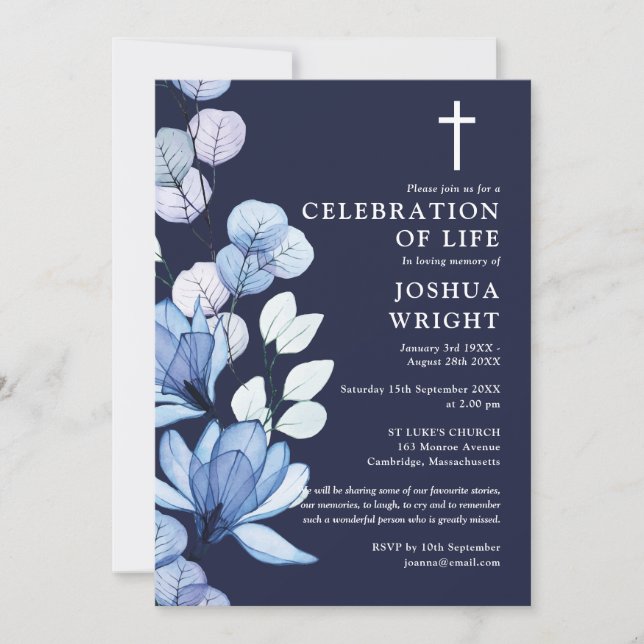 Blue Floral Christian Celebration Of Life Funeral Invitation (Front)