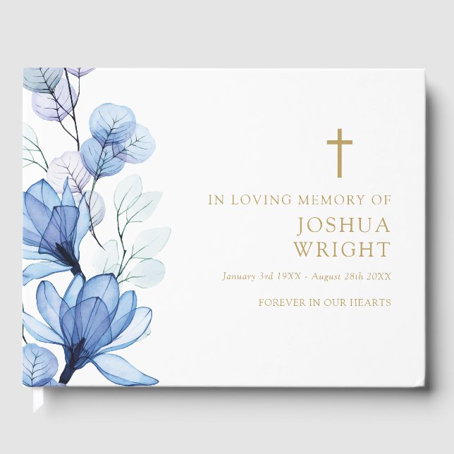 Blue Floral Christian In Loving Memory Funeral Guest Book (Front)